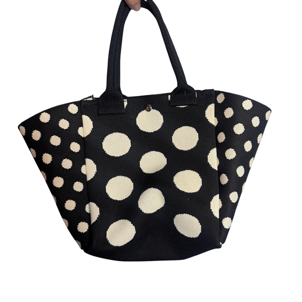 Polka Dot‎ Knit Tote Bag Black White Small Handbag Snap Closure Lightweight